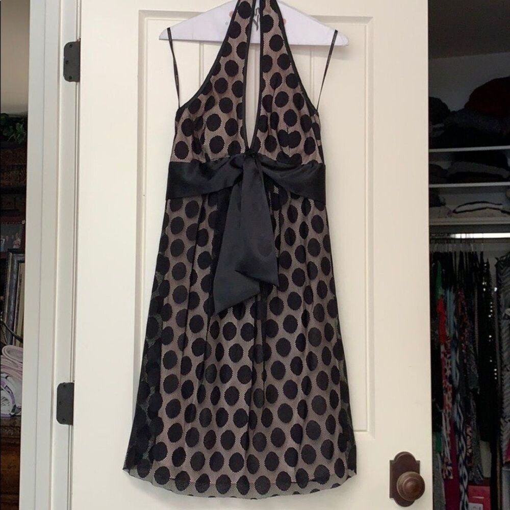 Vintage Y2K Bebe Black Polka Dot Lace Halter Deep V Bowtie Cocktail Dress Size S - Picture 2 of 9